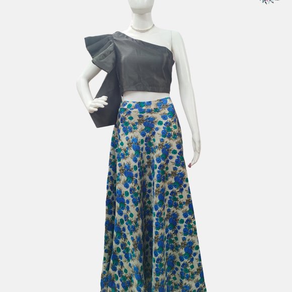 STYLIEX Dresses & Skirts - Blue Floral Print Raw Silk Skirt with Crop Top